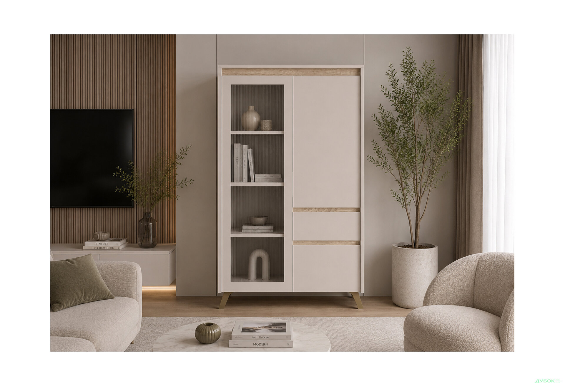 Зображення 2 - Вітрина Лаундж / Lounge REG1W1D1S1K 95 см, кашемір / дуб сонома