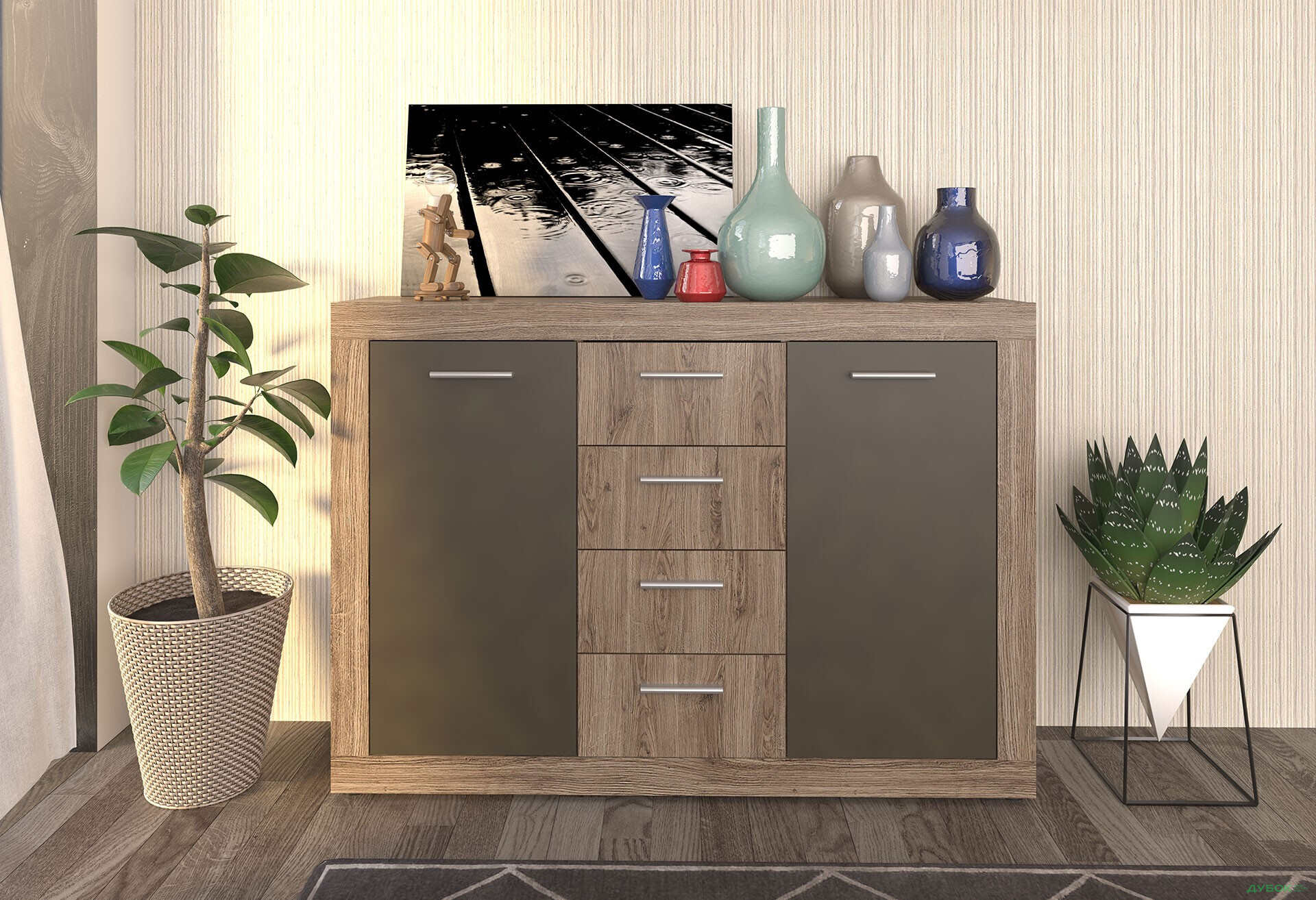 Комод VMV holding Джульєта 2-дверний з 4 шухлядами 130 см Дуб арканзас темний/Бронзовий - Зображення 2 Зображення 2 - Комод VMV holding Джульєта 2-дверний з 4 шухлядами 130 см Дуб арканзас темний/Бронзовий