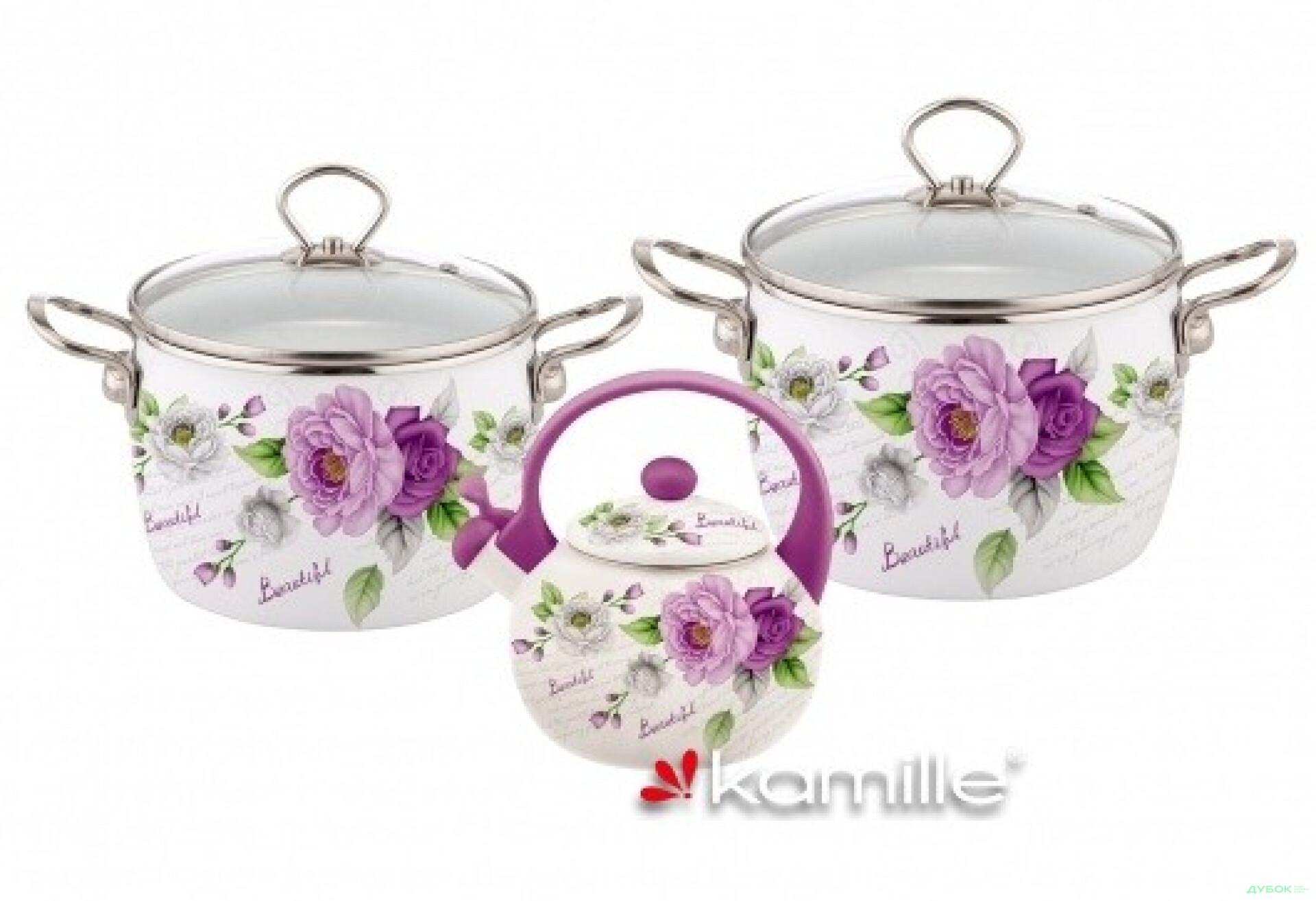 Фото 1 - Набір посуду емальованого Kamille 5пр. (каструлі 4,4л, 5,5л, чайник 2,5л) Kamille