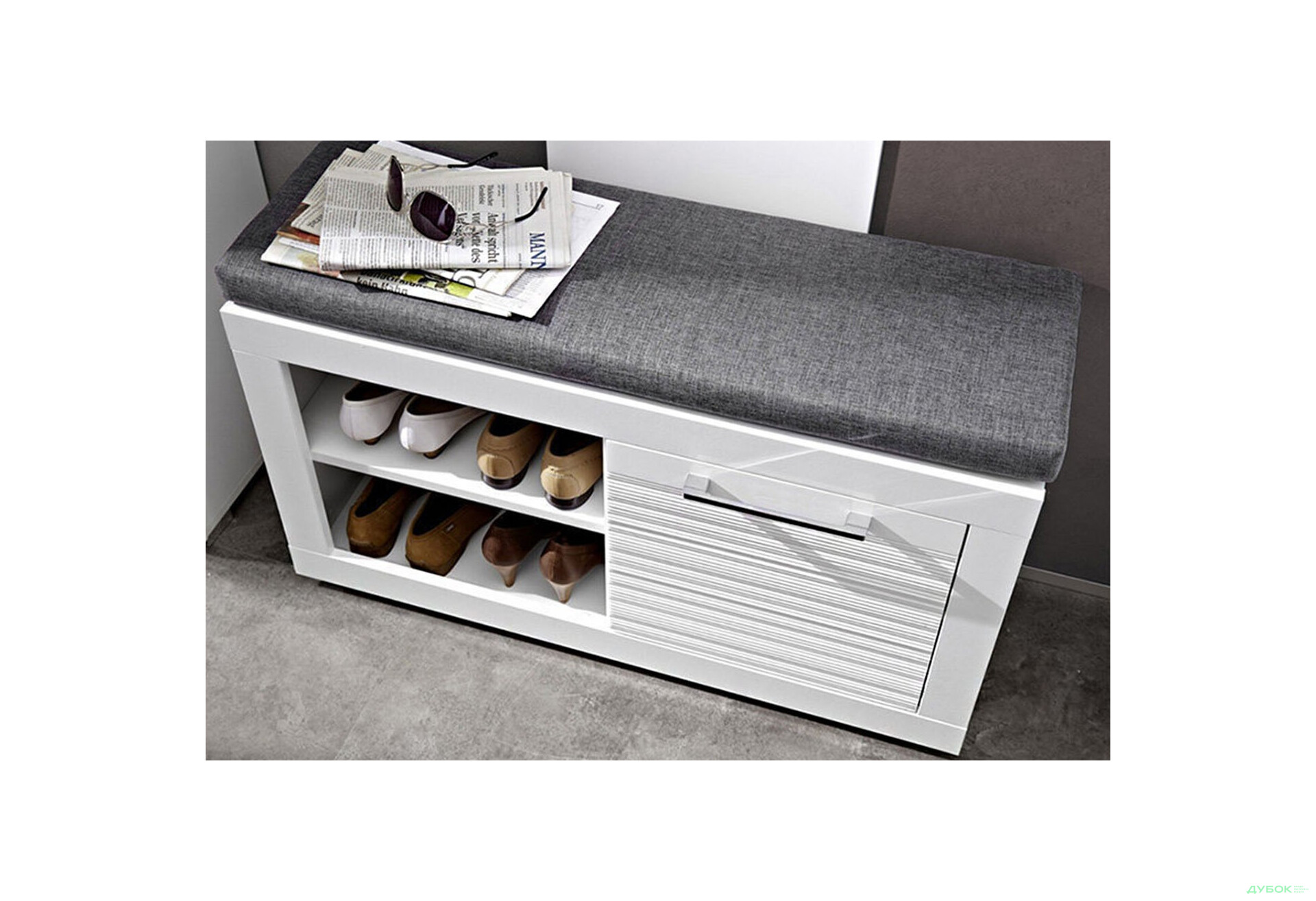 Тумба для взуття ВМК Флеймс з 1 відділенням, полицями та сидінням 92 см біла - Зображення 2 Зображення 2 - Тумба для взуття ВМК Флеймс з 1 відділенням, полицями та сидінням 92 см біла