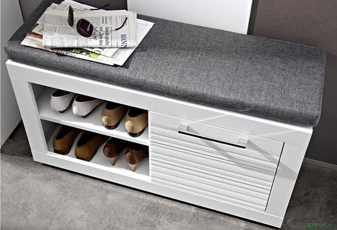 Тумба для взуття ВМК Флеймс з 1 відділенням, полицями та сидінням 92 см біла - Зображення 2 Зображення 2 - Тумба для взуття ВМК Флеймс з 1 відділенням, полицями та сидінням 92 см біла