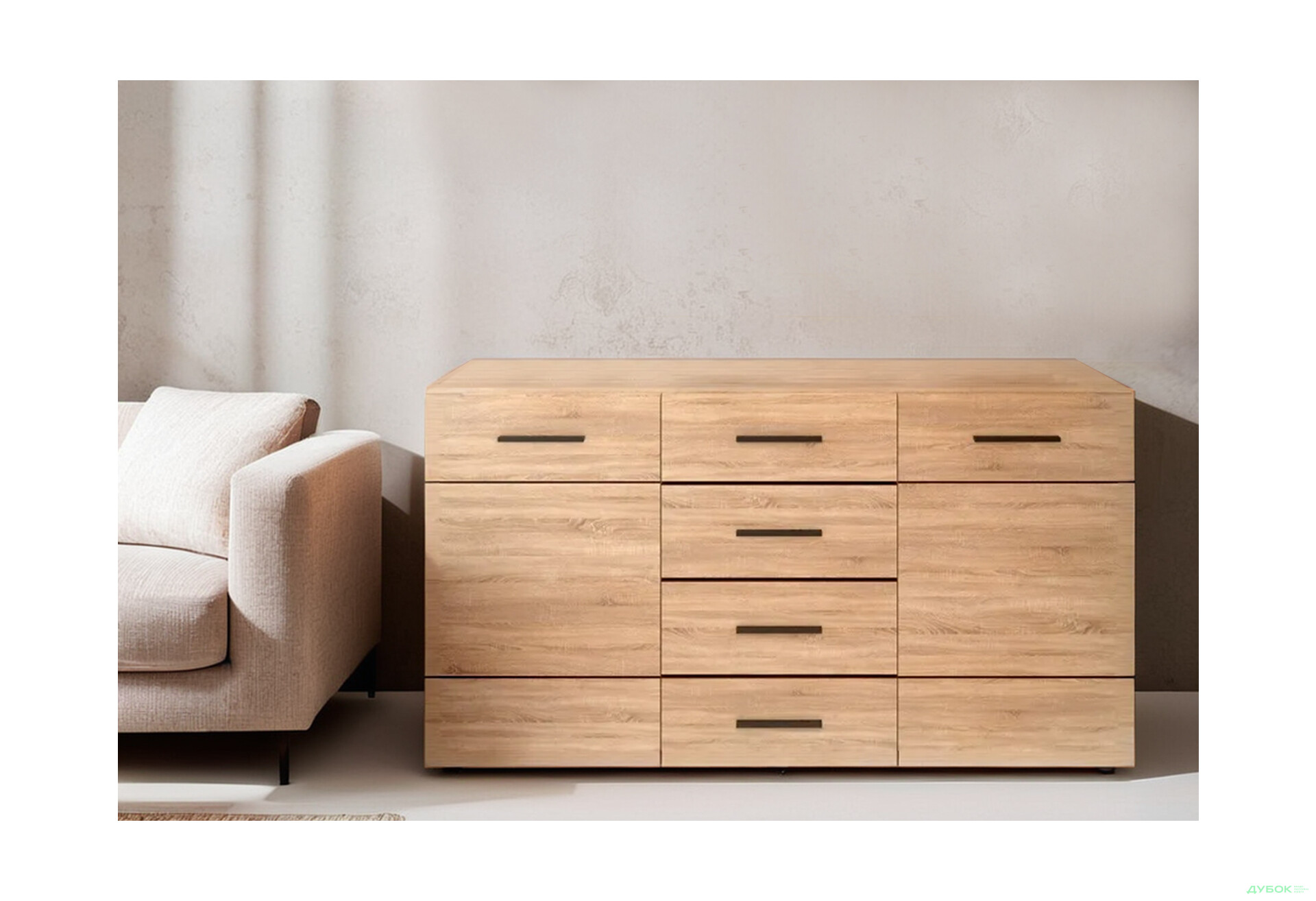 Комод VMV holding Соло 2-дверний з 4 шухлядами 150 см Дуб сонома - Зображення 2 Зображення 2 - Комод VMV holding Соло 2-дверний з 4 шухлядами 150 см Дуб сонома
