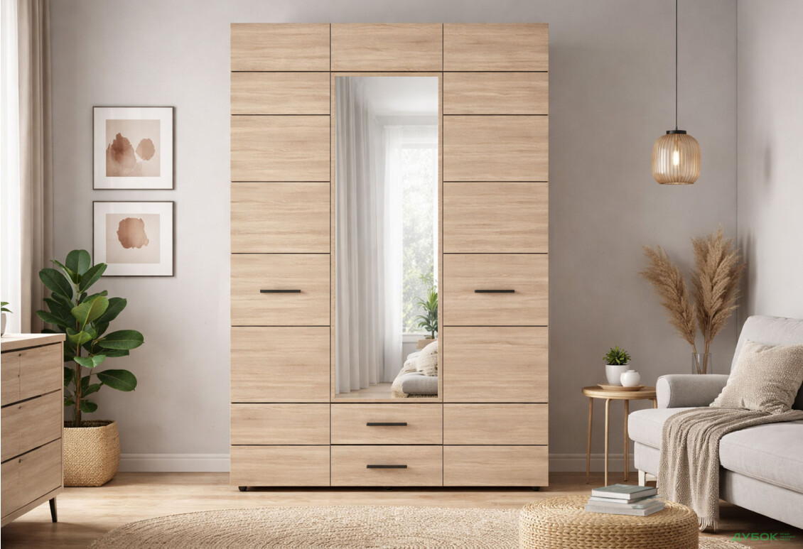 Изображение 2 - Шкаф ВМВ Холдинг Соло 3-дверный с 2 шухлядами и зеркалом 135 см Дуб сонома