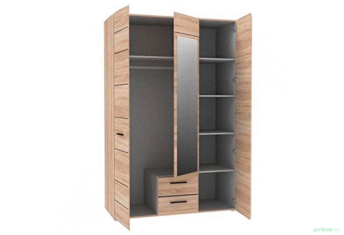 Шафа VMV holding Соло 3-дверна з 2 шухлядами та дзеркалом 135 см Дуб сонома - Зображення 2 Зображення 2 - Шафа VMV holding Соло 3-дверна з 2 шухлядами та дзеркалом 135 см Дуб сонома