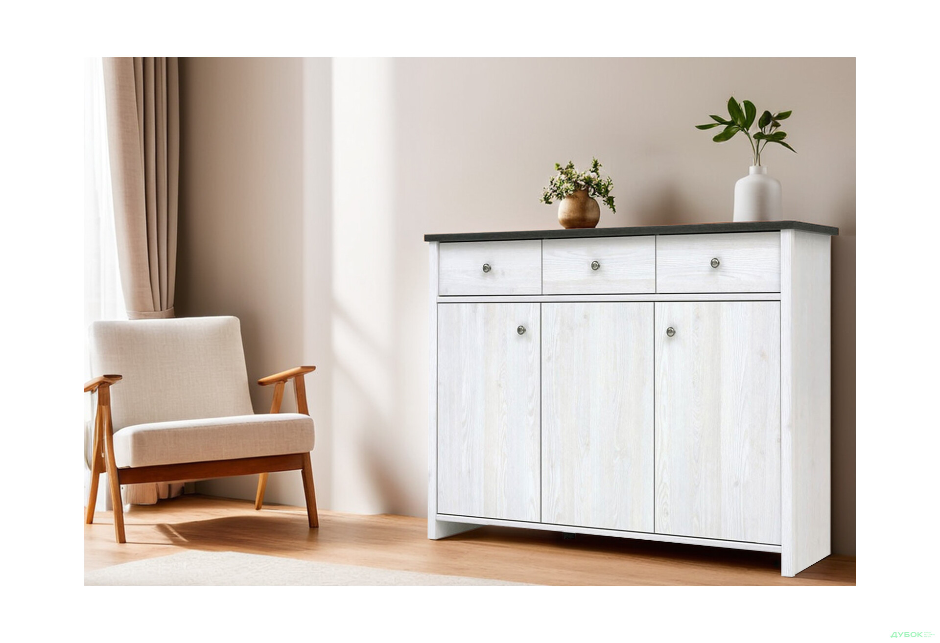 Комод ВМК Порто (Паріс) 3-дверний з 3 шухлядами 128 см Джанні/Сосна ларіко - Зображення 2 Зображення 2 - Комод ВМК Порто (Паріс) 3-дверний з 3 шухлядами 128 см Джанні/Сосна ларіко