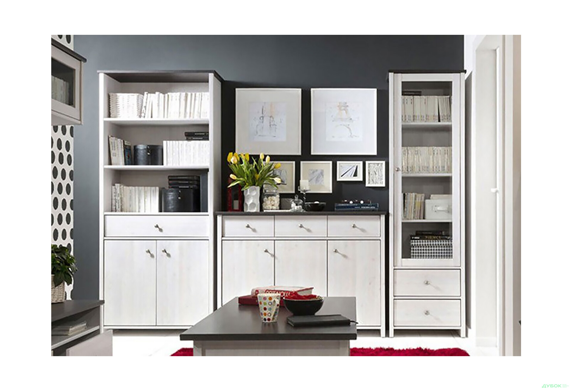 Комплект стінка з вітриною та стелажем ВМК Порто (Паріс) 276 см Джанні/Сосна ларіко - Зображення 2 Зображення 2 - Комплект стінка з вітриною та стелажем ВМК Порто (Паріс) 276 см Джанні/Сосна ларіко