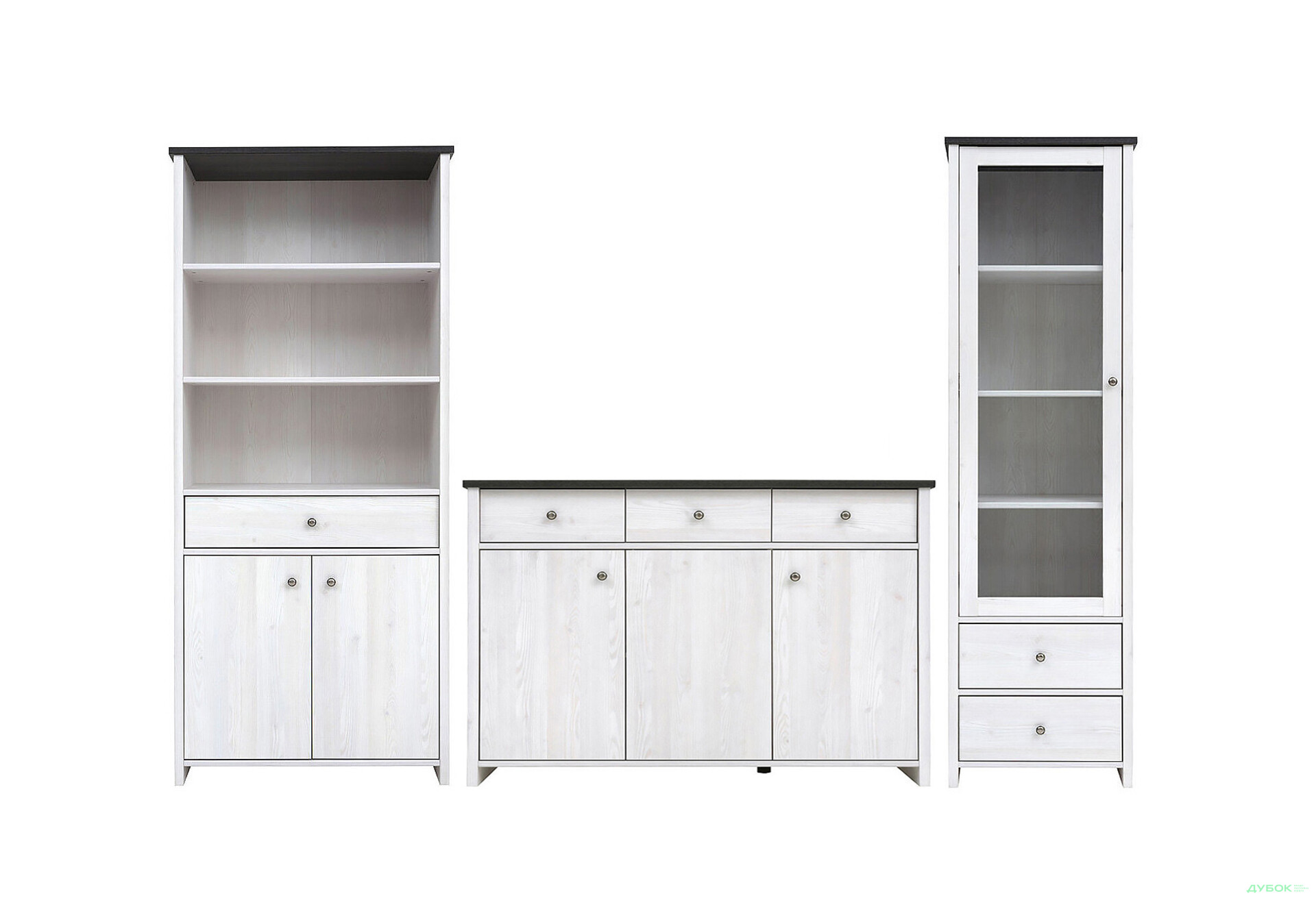 Комплект стінка з вітриною та стелажем ВМК Порто (Паріс) 276 см Джанні/Сосна ларіко - Зображення 1 Зображення 1 - Комплект стінка з вітриною та стелажем ВМК Порто (Паріс) 276 см Джанні/Сосна ларіко