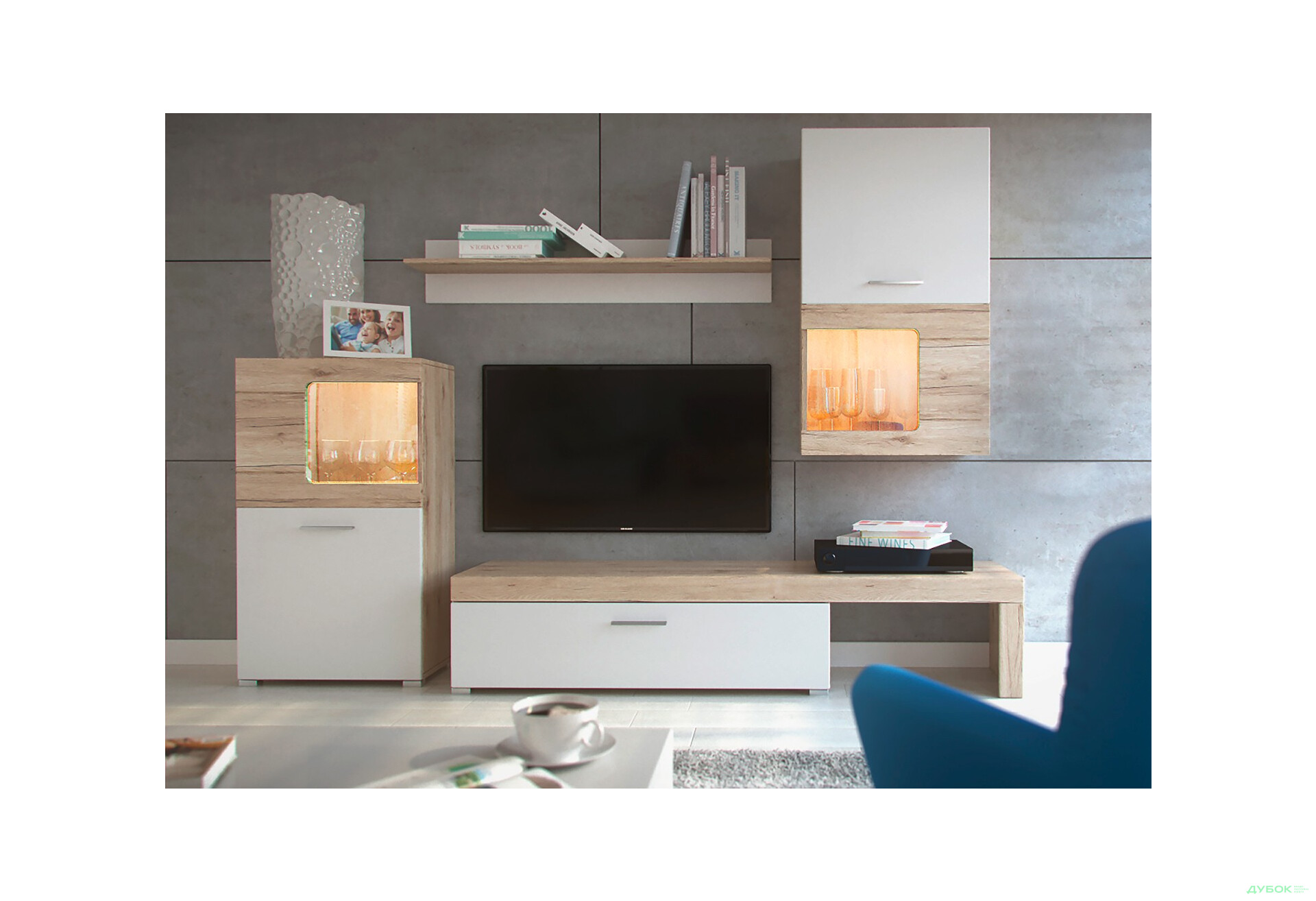 Зображення 2 - Комплект стінка з вітриною Гербор Пола 215 см Дуб сонома/Білий