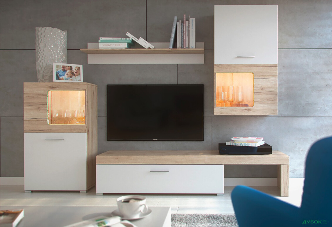 Зображення 2 - Комплект стінка з вітриною Гербор Пола 215 см Дуб сонома/Білий