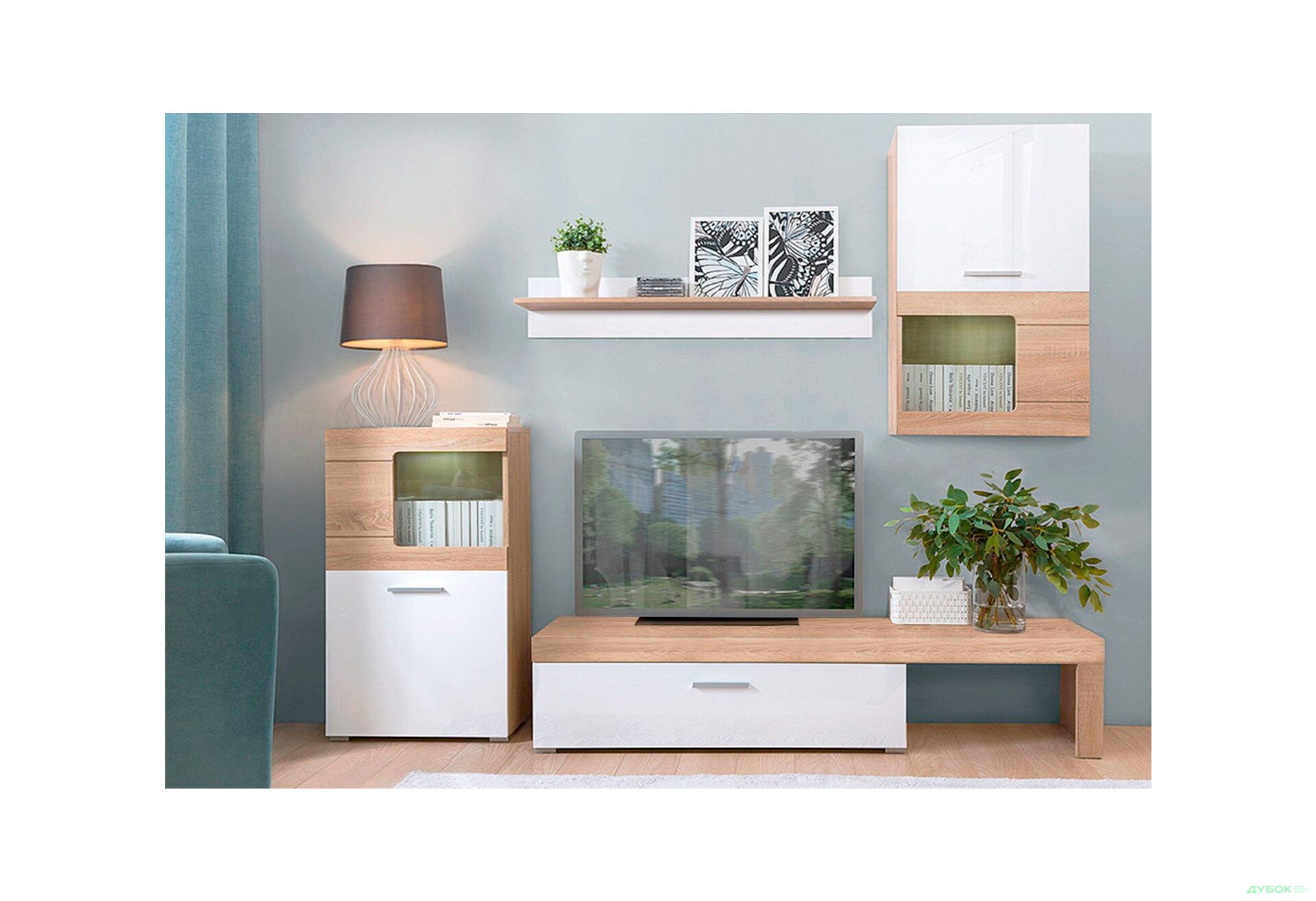 Зображення 1 - Комплект стінка з вітриною Гербор Пола 215 см Дуб сонома/Білий