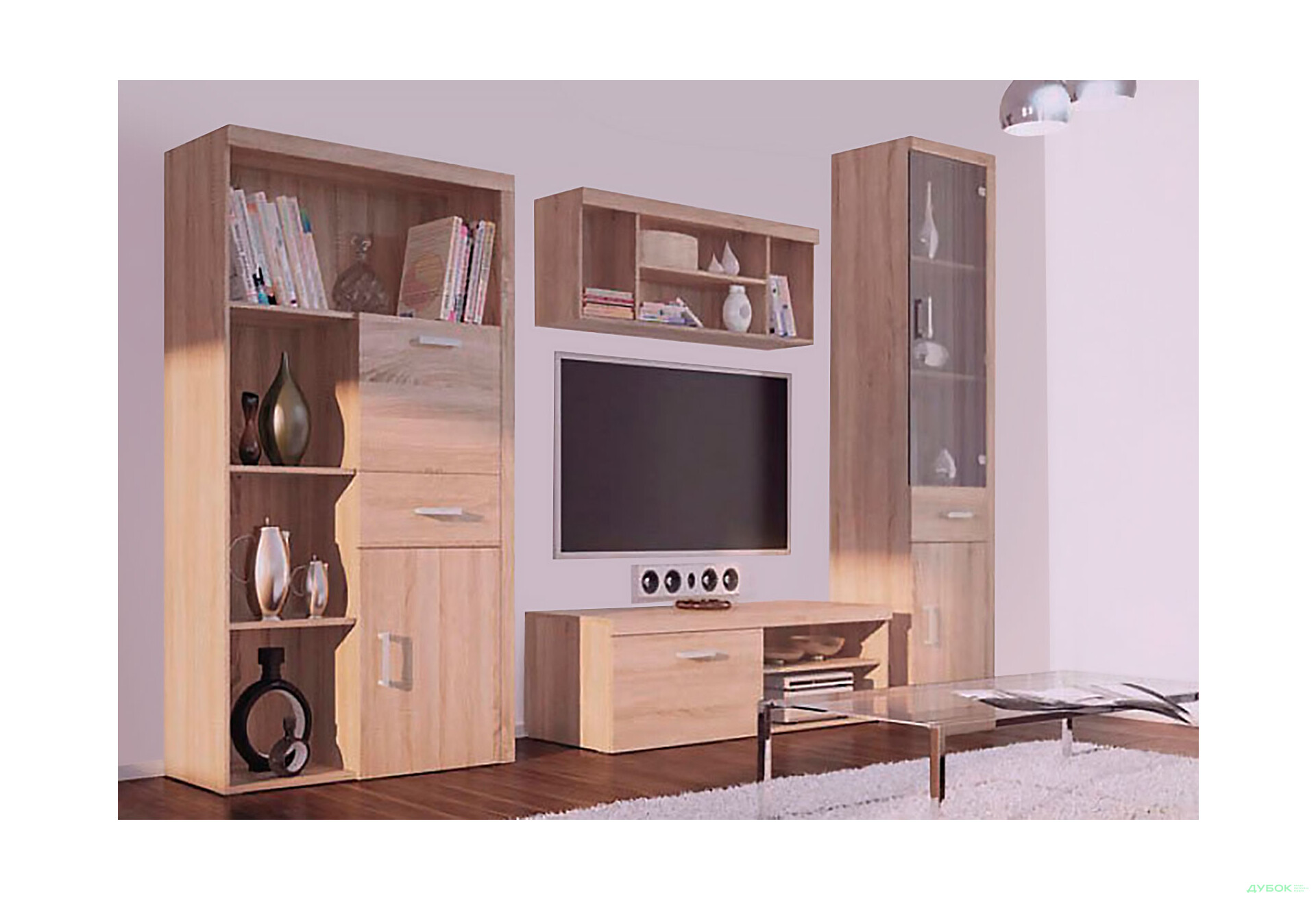 Комплект стінка з вітриною і стелажем VMV holding Даміс 285 см Дуб сонома - Зображення 2 Зображення 2 - Комплект стінка з вітриною і стелажем VMV holding Даміс 285 см Дуб сонома