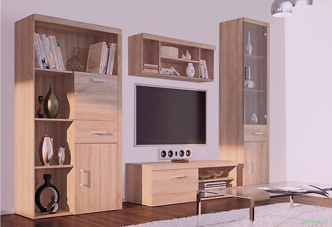 Комплект стінка з вітриною і стелажем VMV holding Даміс 285 см Дуб сонома - Зображення 2 Зображення 2 - Комплект стінка з вітриною і стелажем VMV holding Даміс 285 см Дуб сонома