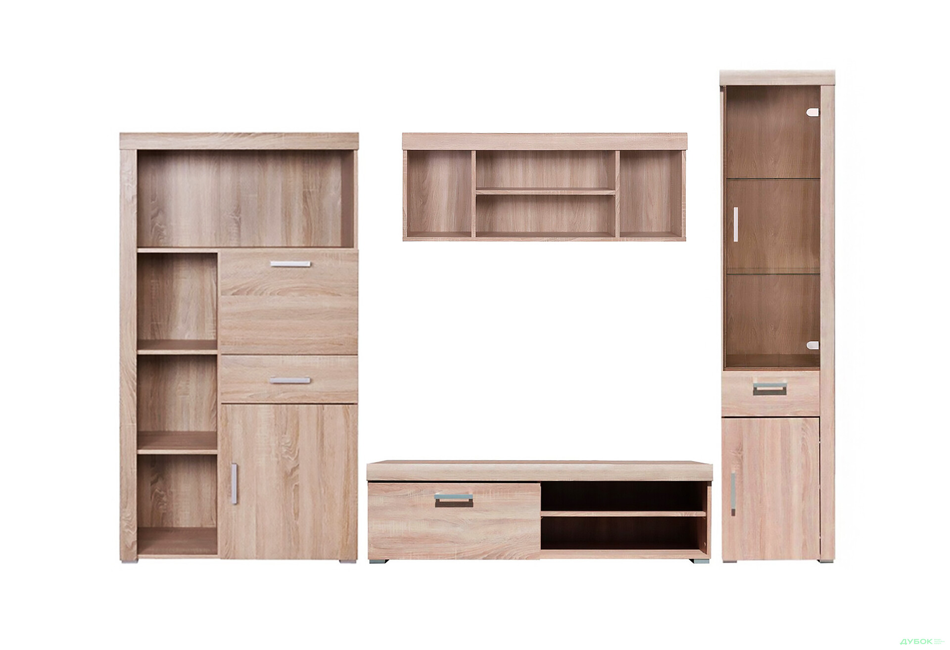 Комплект стінка з вітриною і стелажем VMV holding Даміс 285 см Дуб сонома - Зображення 1 Зображення 1 - Комплект стінка з вітриною і стелажем VMV holding Даміс 285 см Дуб сонома
