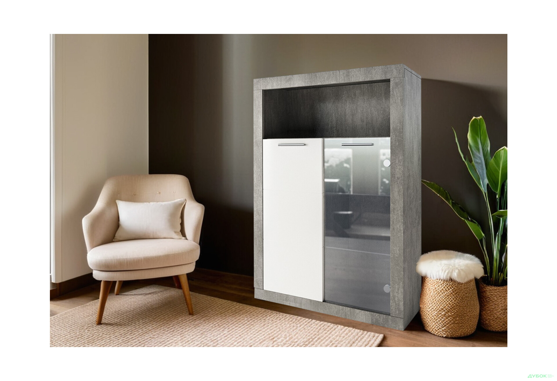 Комод Svit Mebliv Омега 2-дверный с витриной 92 см Индастриал/Белый - Изображение 2 Изображение 2 - Комод Svit Mebliv Омега 2-дверный с витриной 92 см Индастриал/Белый