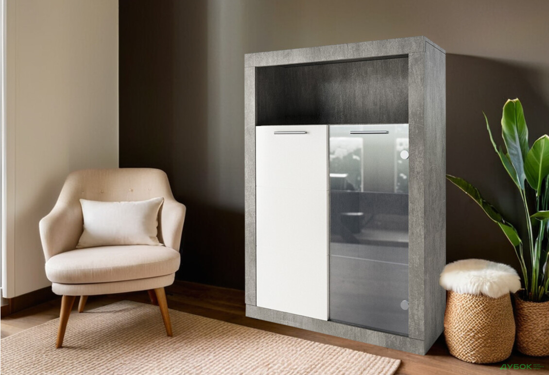 Комод Svit Mebliv Омега 2-дверный с витриной 92 см Индастриал/Белый - Изображение 2 Изображение 2 - Комод Svit Mebliv Омега 2-дверный с витриной 92 см Индастриал/Белый