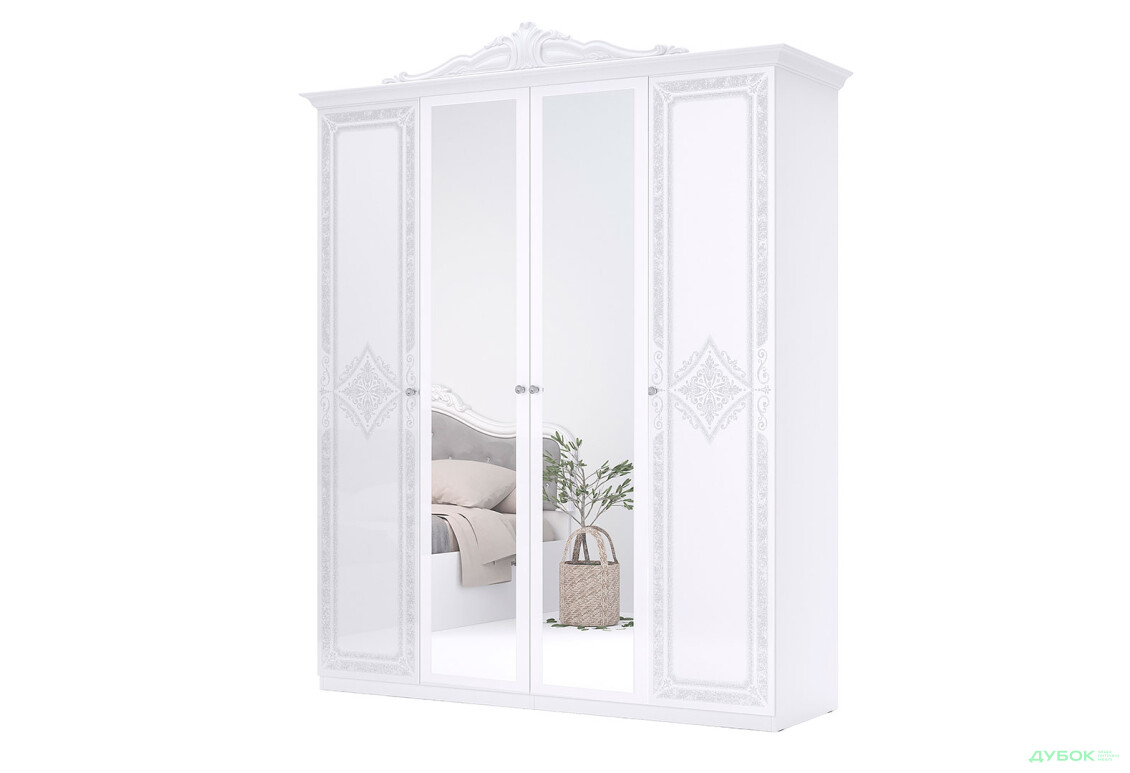 Шафа МироМарк Луиза 4-дверный с зеркалом и декоративным карнизом 192 см Белый
