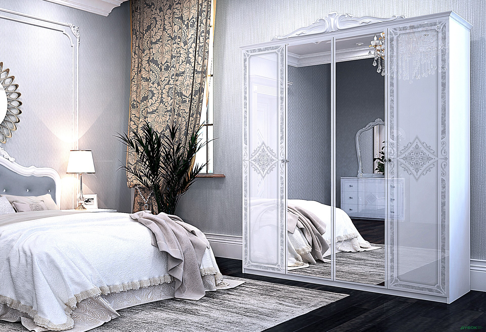 Фото 3 - Шафа МироМарк Луиза 4-дверный с зеркалом и декоративным карнизом 192 см Белый