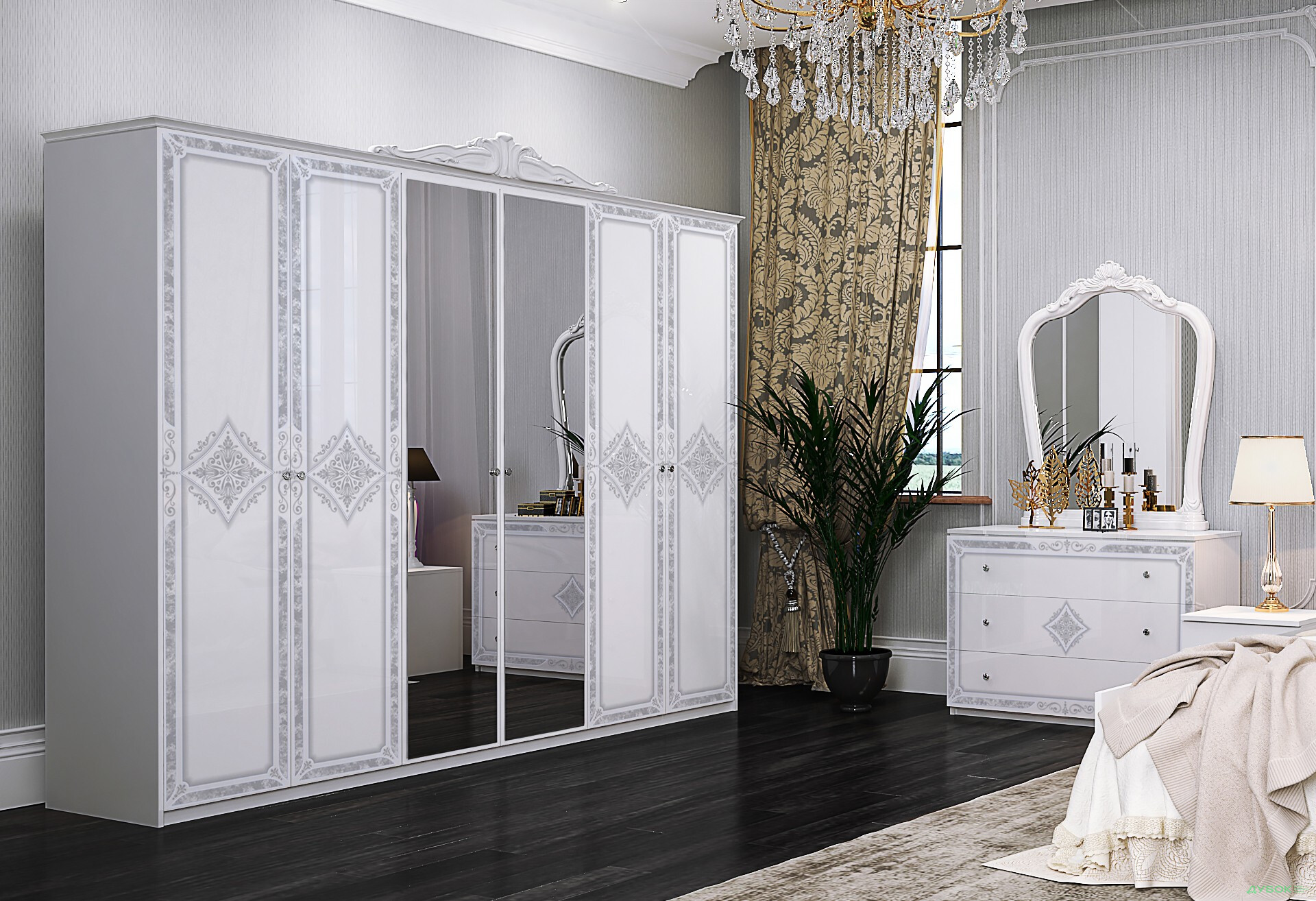 Фото 3 - Шафа МироМарк Луиза 6-дверный с зеркалом и декоративным карнизом 281 см Белый