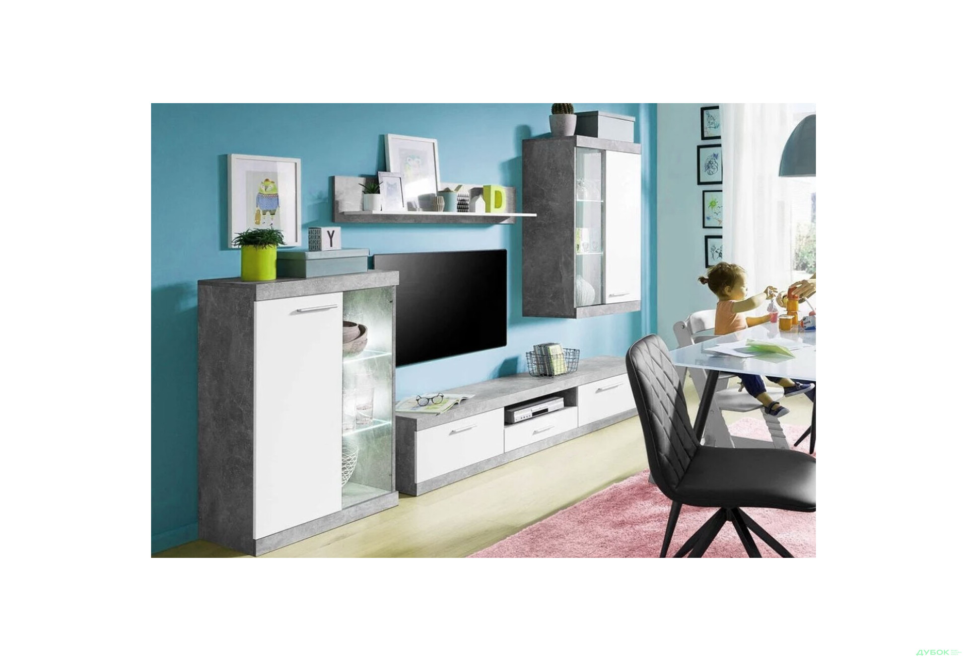 Комплект стінка з вітриною ВМК Кетлін 255 см Білий/Бетон - Зображення 2 Зображення 2 - Комплект стінка з вітриною ВМК Кетлін 255 см Білий/Бетон