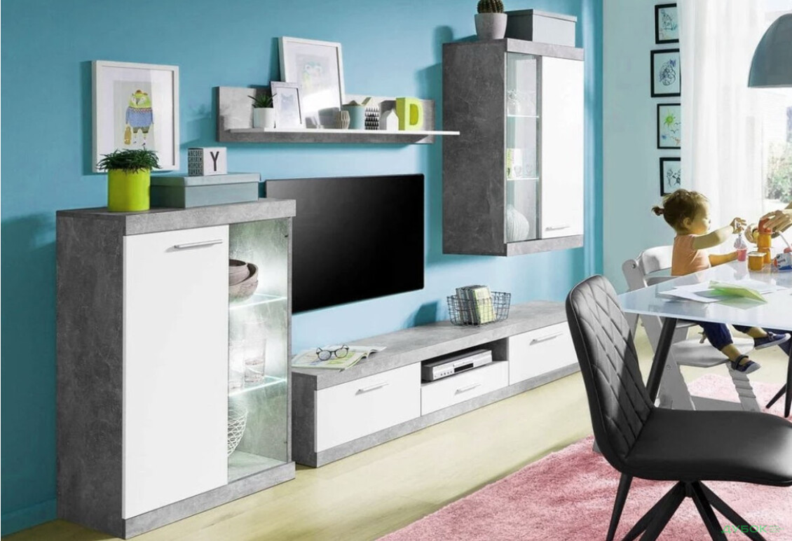 Комплект стінка з вітриною ВМК Кетлін 255 см Білий/Бетон - Зображення 2 Зображення 2 - Комплект стінка з вітриною ВМК Кетлін 255 см Білий/Бетон