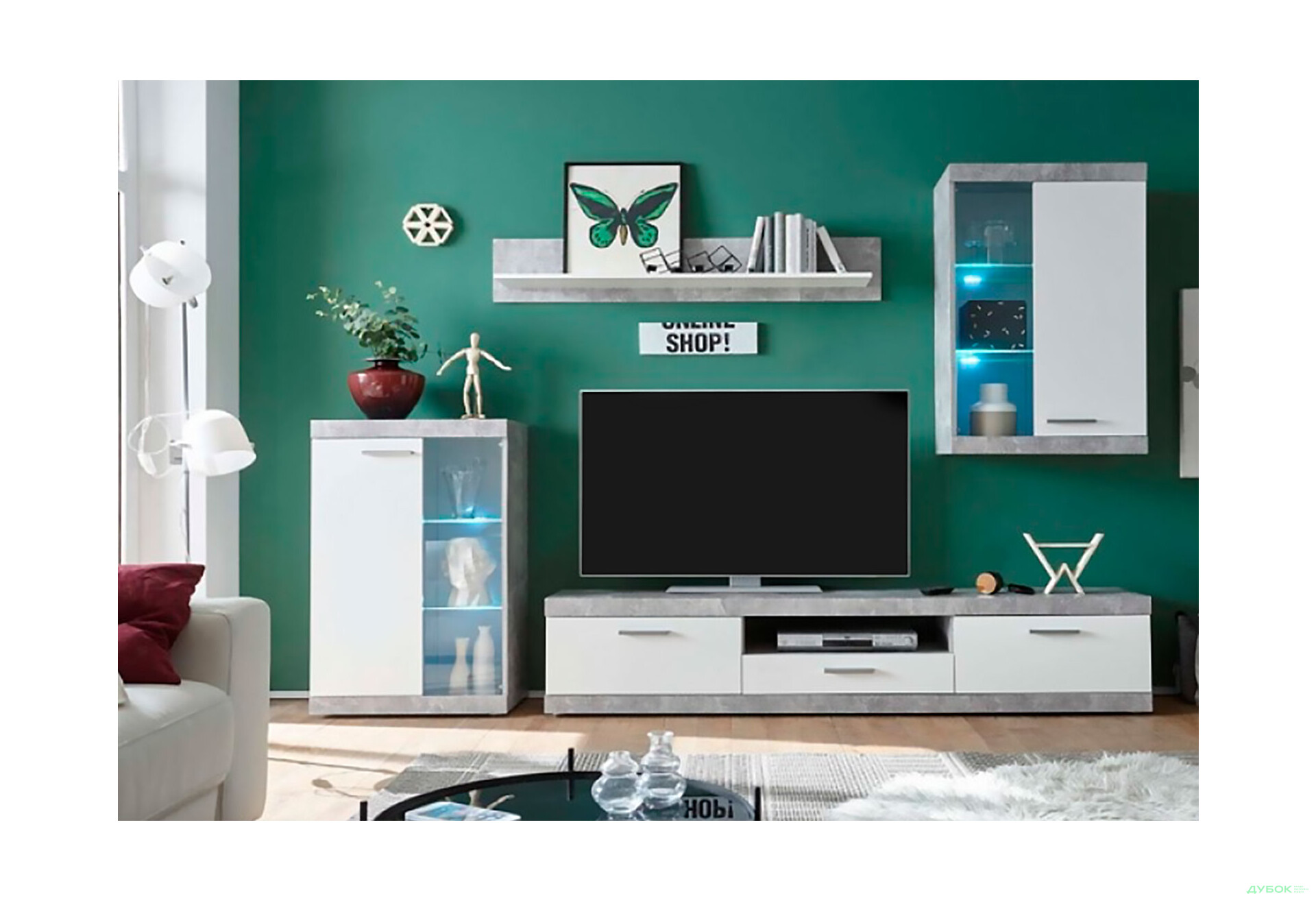 Комплект стінка з вітриною ВМК Кетлін 255 см Білий/Бетон - Зображення 1 Зображення 1 - Комплект стінка з вітриною ВМК Кетлін 255 см Білий/Бетон