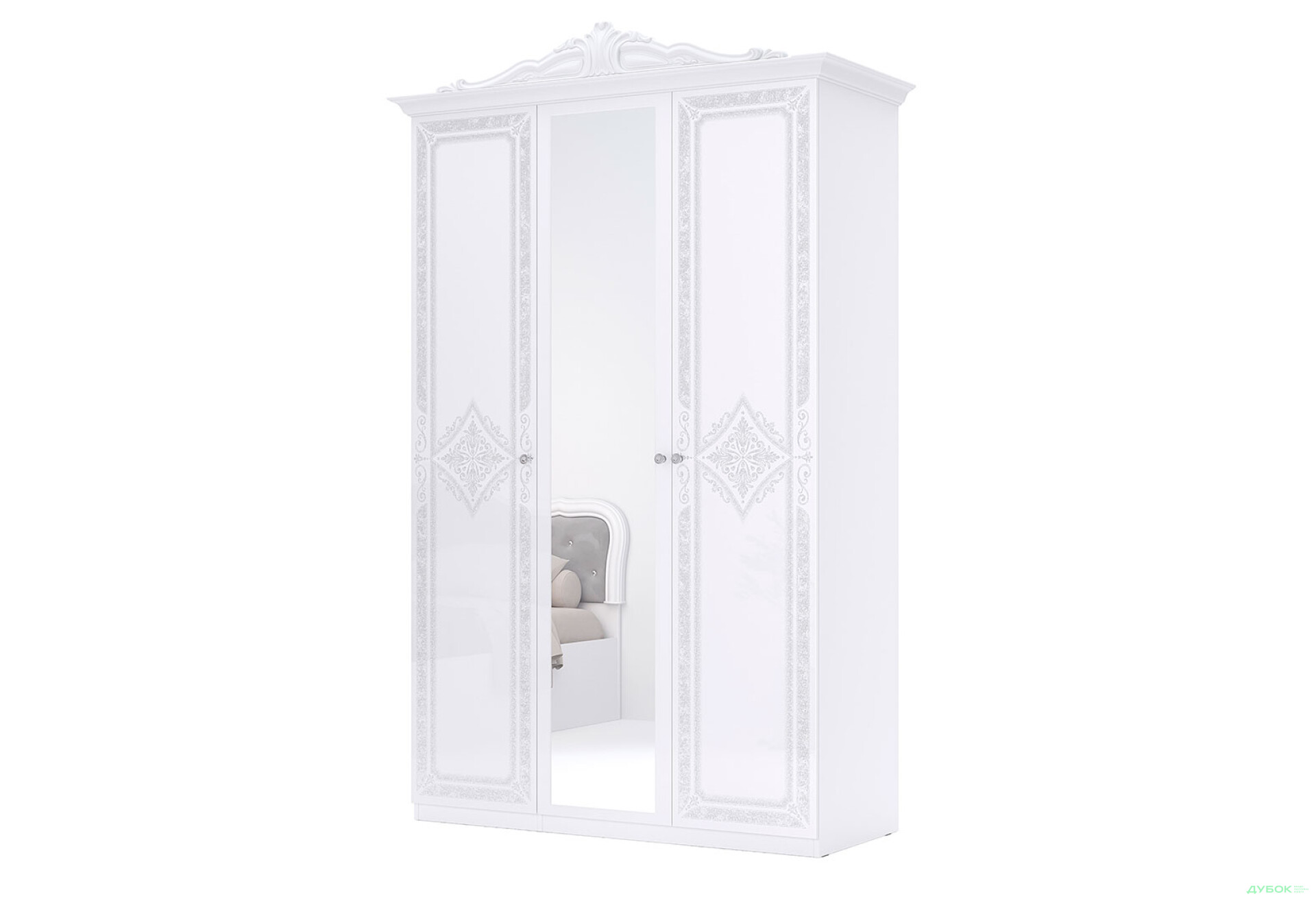 Фото 1 - Шафа МироМарк Луиза 3-дверный с зеркалом и декоративным карнизом 147 см Белый