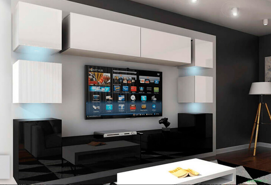 Гостиная Кубика / Cubica (без ручек) В1 7 Глянец Белый / Глянец Чёрный МироМарк