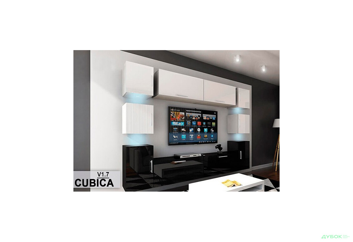 Гостиная Кубика / Cubica (с ручками) В1 + ручки 7 Глянец Белый / Глянец Чёрный МироМарк