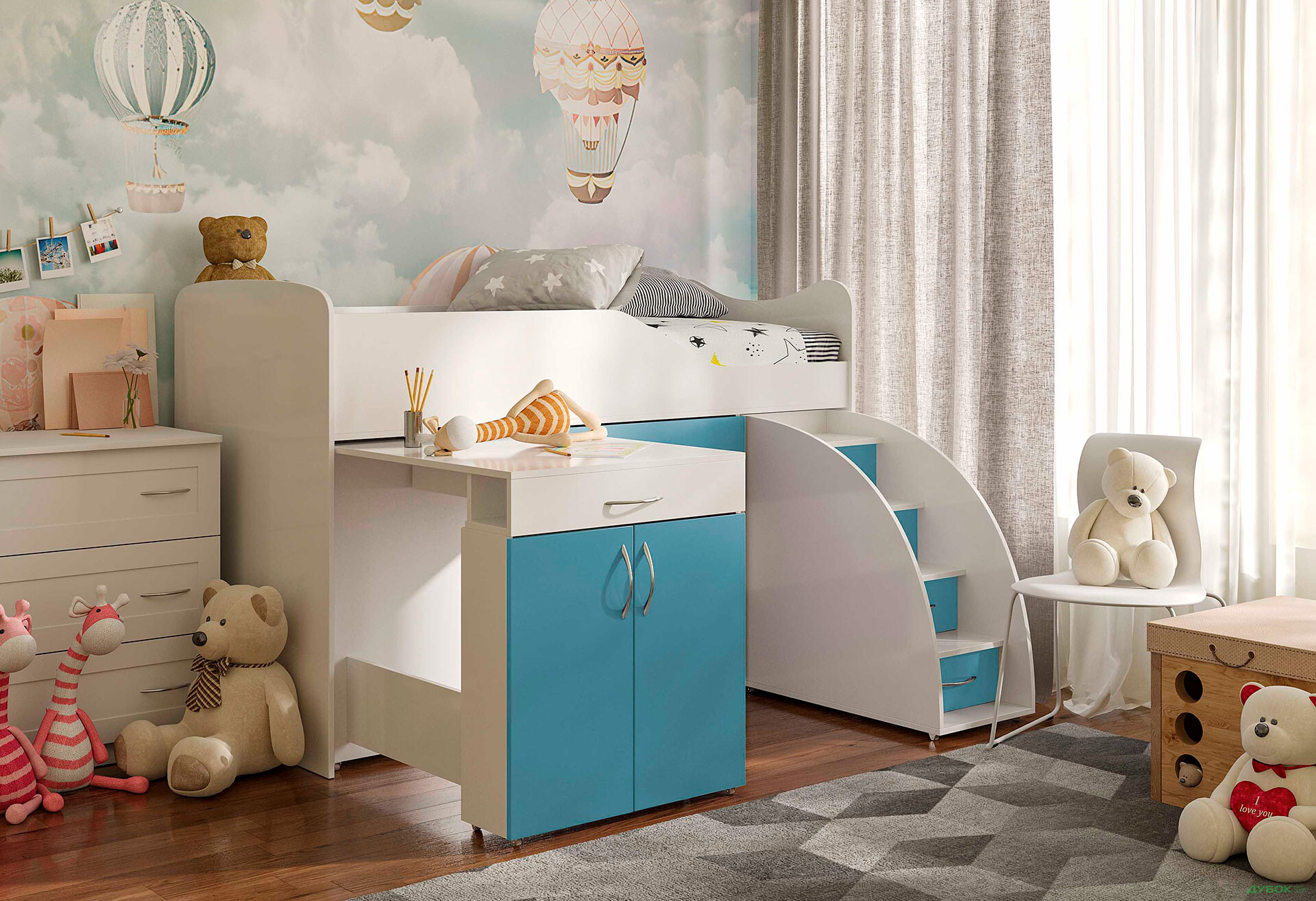 Фото 28 - Кровать-горка Виорина Деко 5 80х180 см с ящиками, лестницами и столом