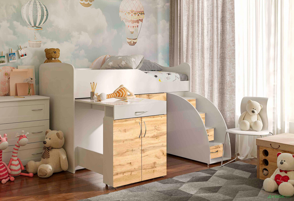 Фото 36 - Кровать-горка Виорина Деко 5 80х180 см с ящиками, лестницами и столом