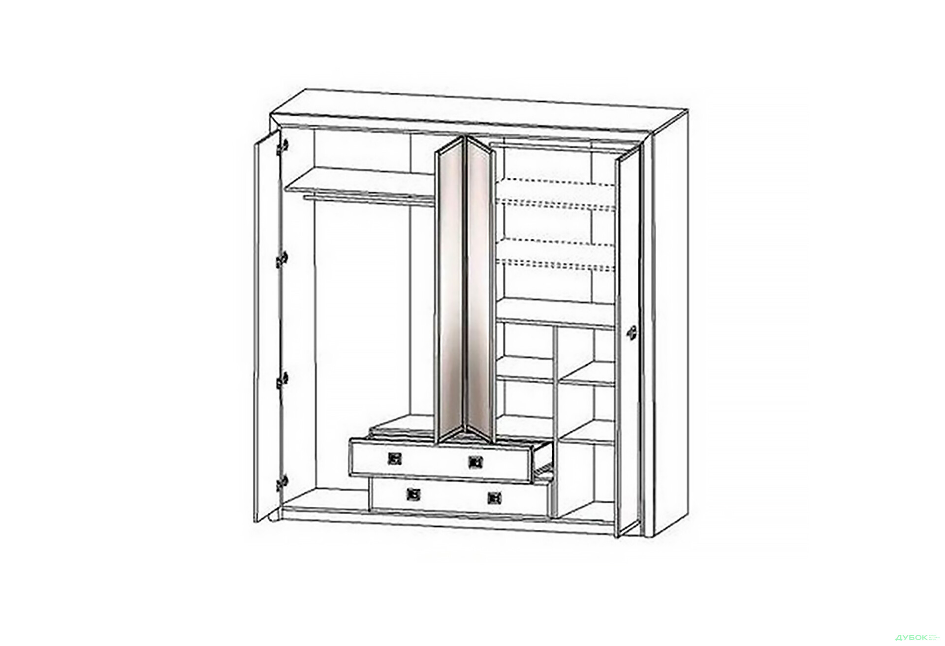 Шафа ВМК Коен ІІ 4-дверна з 2 шухлядами та дзеркалом 214 см - Зображення 3 Зображення 3 - Шафа ВМК Коен ІІ 4-дверна з 2 шухлядами та дзеркалом 214 см