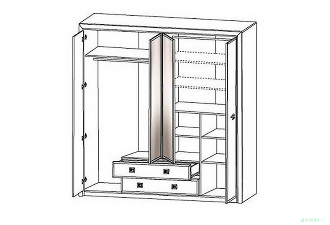 Шафа ВМК Коен ІІ 4-дверна з 2 шухлядами та дзеркалом 214 см - Зображення 3 Зображення 3 - Шафа ВМК Коен ІІ 4-дверна з 2 шухлядами та дзеркалом 214 см