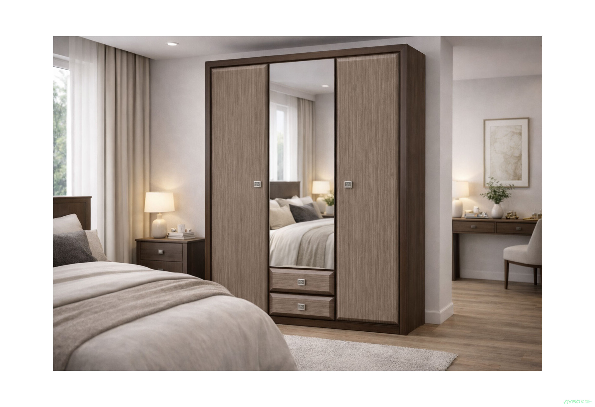 Зображення 2 - Шафа Гербор Коен МДФ 3-дверна з 2 шухлядами та дзеркалом 164 см Венге магія/Штрокс