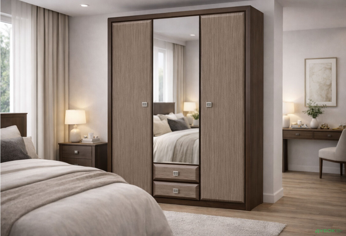 Зображення 2 - Шафа Гербор Коен МДФ 3-дверна з 2 шухлядами та дзеркалом 164 см Венге магія/Штрокс