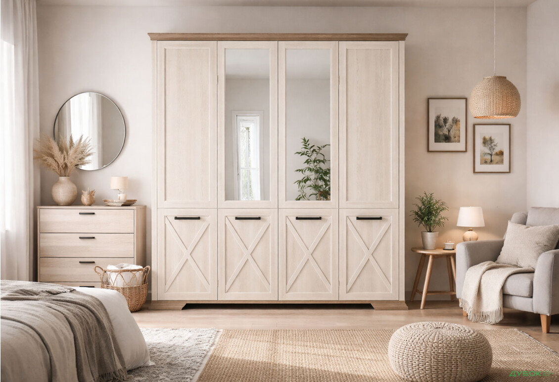 Изображение 2 - Шкаф Gerbor холдинг Марсель 4-дверный с зеркалом 216 см Ясень снежный/Дуб сонома трюфель