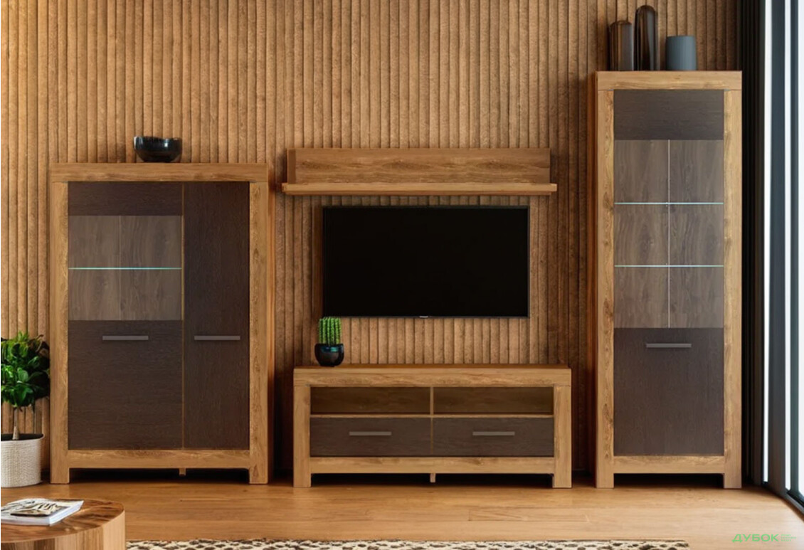 Комплект стінка з вітринами Гербор Белен 308 см Дуб ансберг темний/Дуб болотний коричневий - Зображення 1 Зображення 1 - Комплект стінка з вітринами Гербор Белен 308 см Дуб ансберг темний/Дуб болотний коричневий