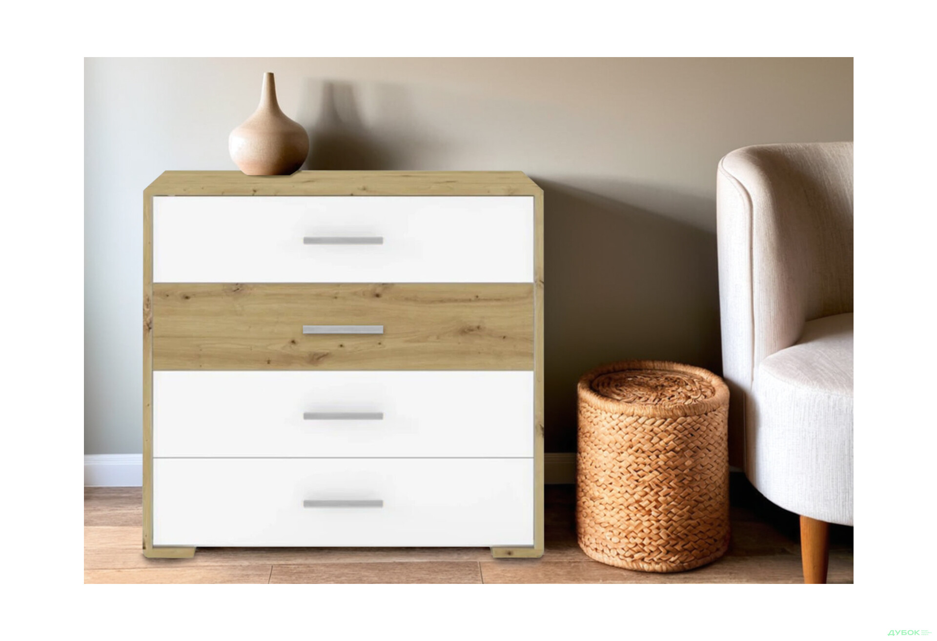 Комод Гербор Бука з 4 шухлядами 94 см Білий/Дуб артизан - Зображення 2 Зображення 2 - Комод Гербор Бука з 4 шухлядами 94 см Білий/Дуб артизан