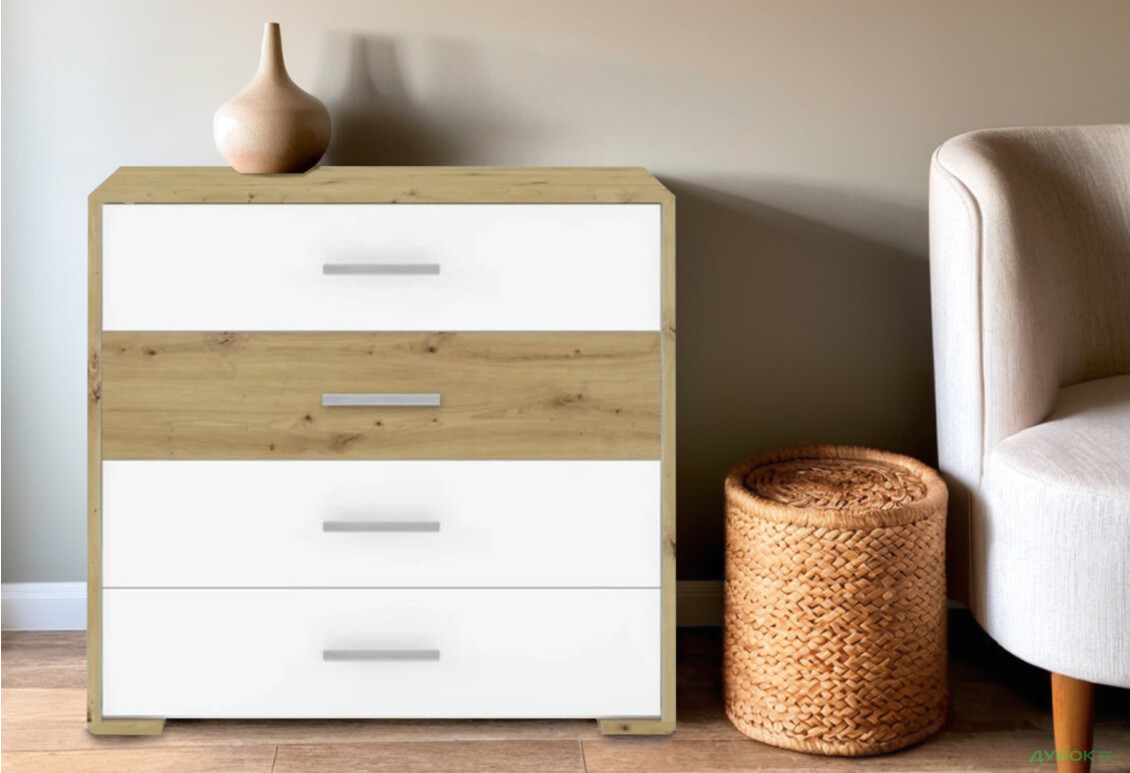 Комод Гербор Бука з 4 шухлядами 94 см Білий/Дуб артизан - Зображення 2 Зображення 2 - Комод Гербор Бука з 4 шухлядами 94 см Білий/Дуб артизан