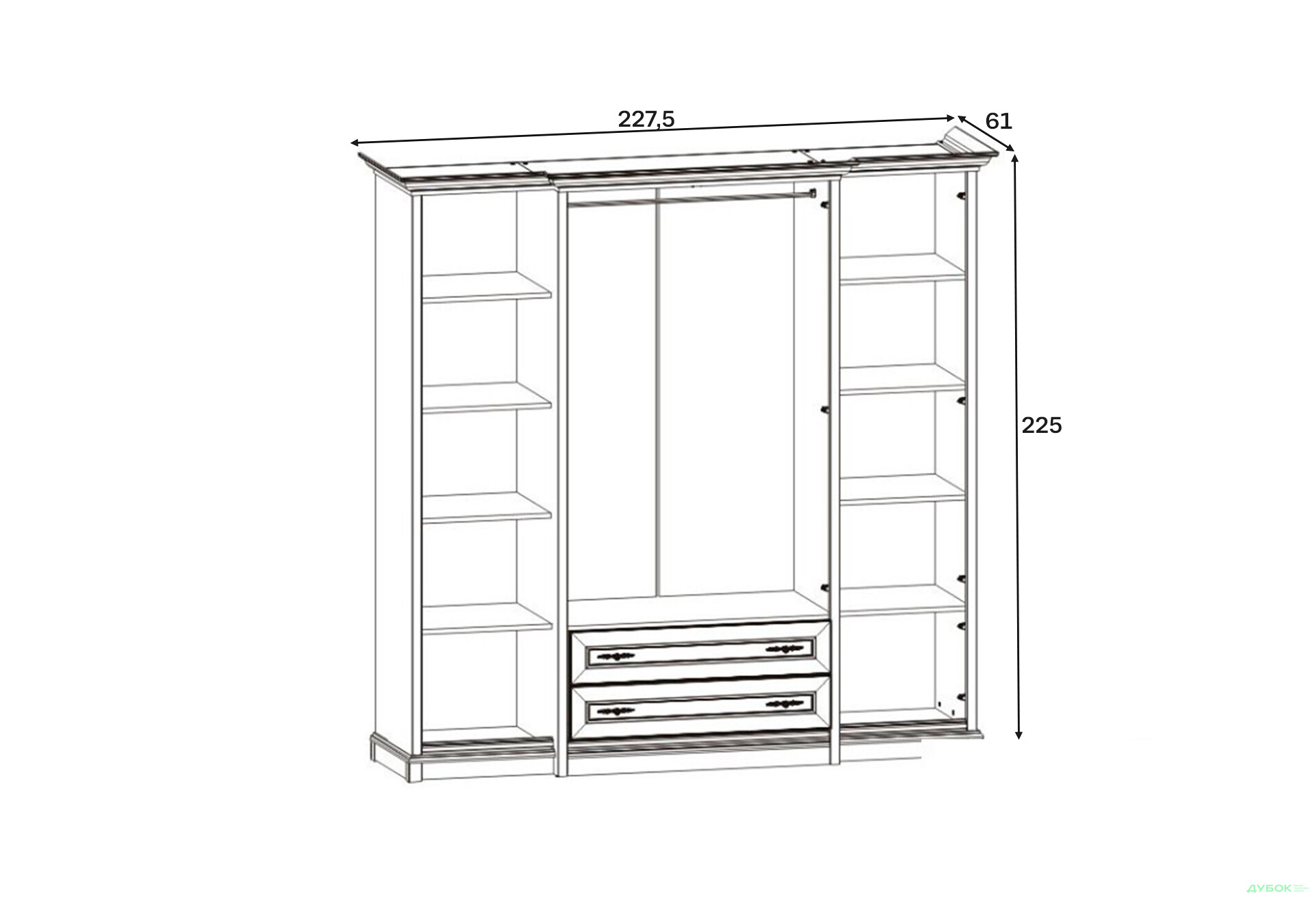 Зображення 3 - Шафа ВМК Кентукі 6-дверна з 2 шухлядами та дзеркалом 228 см Біла