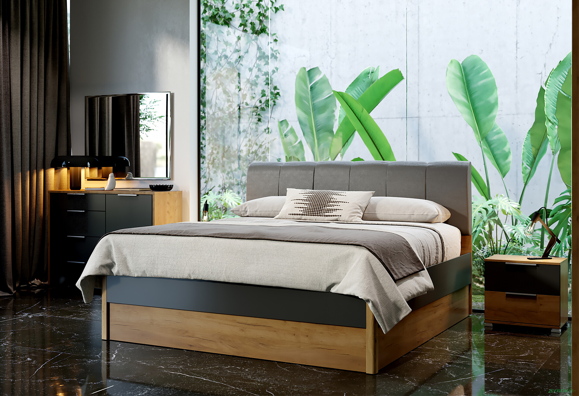 Ліжко MiroMark Рамона (без вкладу) 160х200 см, дуб крафт/лава - Зображення 2 Зображення 2 - Ліжко MiroMark Рамона (без вкладу) 160х200 см, дуб крафт/лава