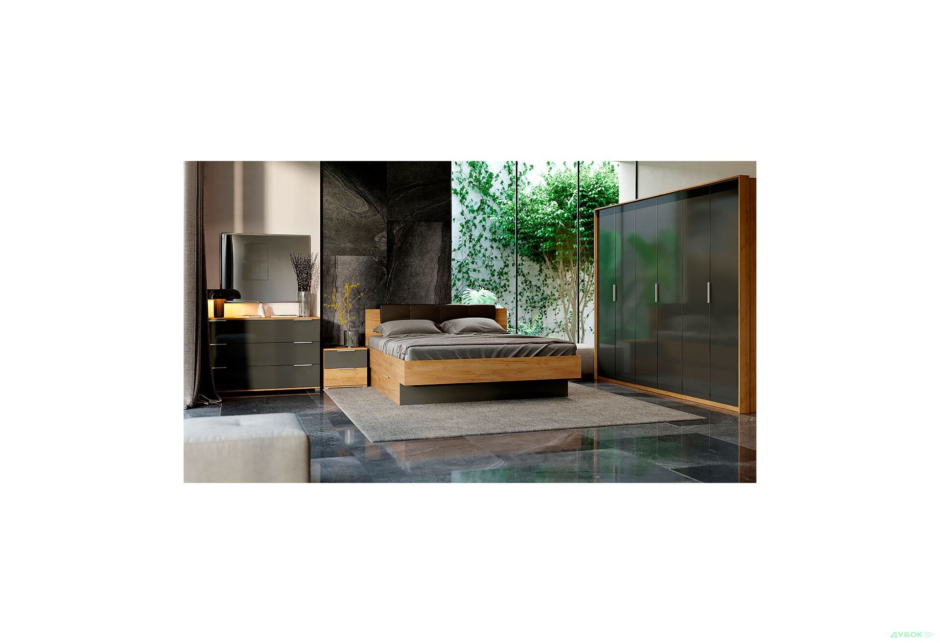 Спальня MiroMark Луна з 6 дверима, 160 Дуб крафт / Мат Лава - Зображення 1 Зображення 1 - Спальня MiroMark Луна з 6 дверима, 160 Дуб крафт / Мат Лава