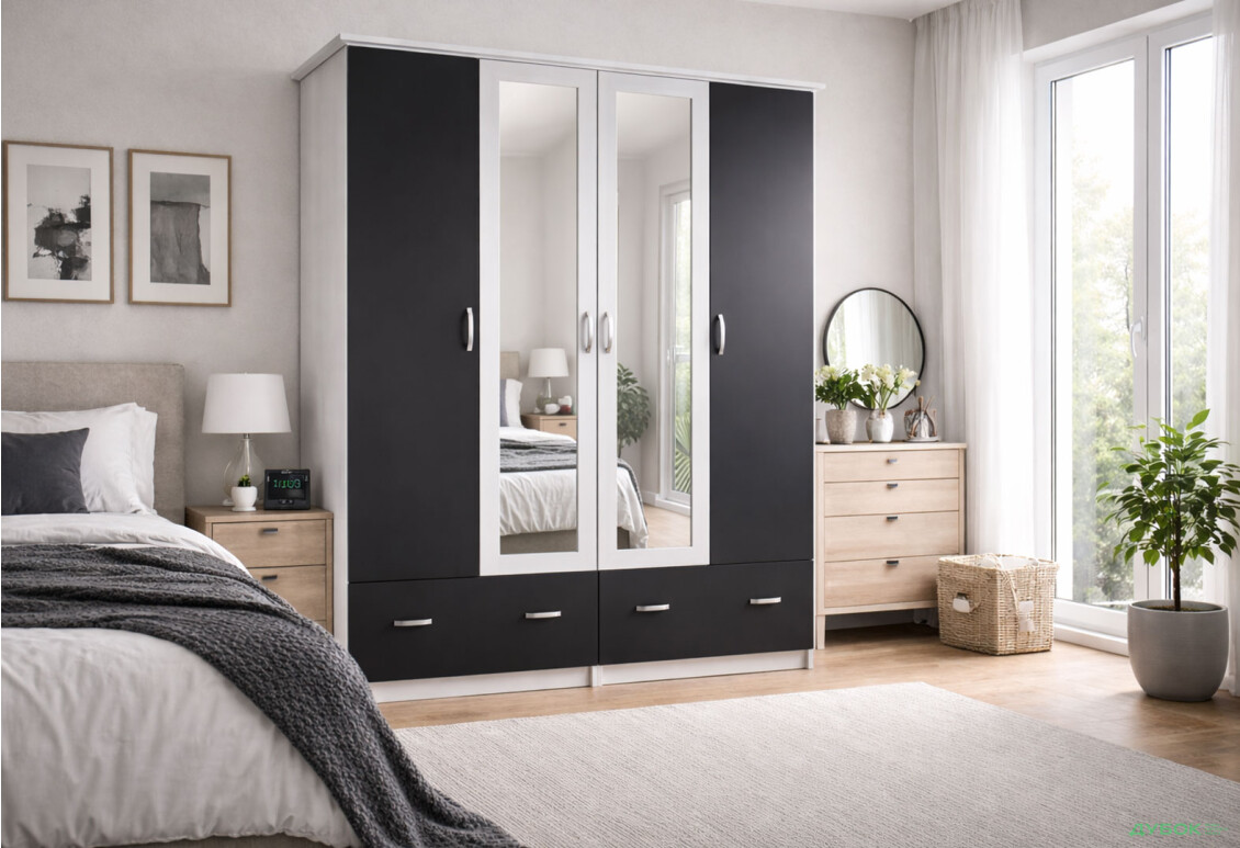 Зображення 2 - Шафа Світ Меблів Соня New 4-дверна з 2 шухлядами та дзеркалом 170 см Біло-сіра