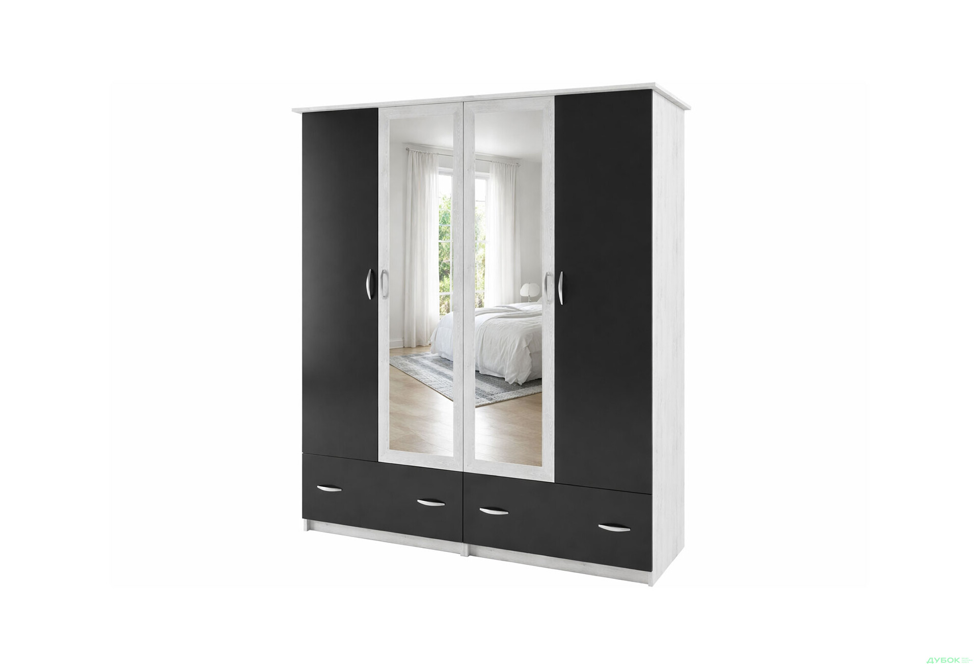 Зображення 1 - Шафа Світ Меблів Соня New 4-дверна з 2 шухлядами та дзеркалом 170 см Біло-сіра