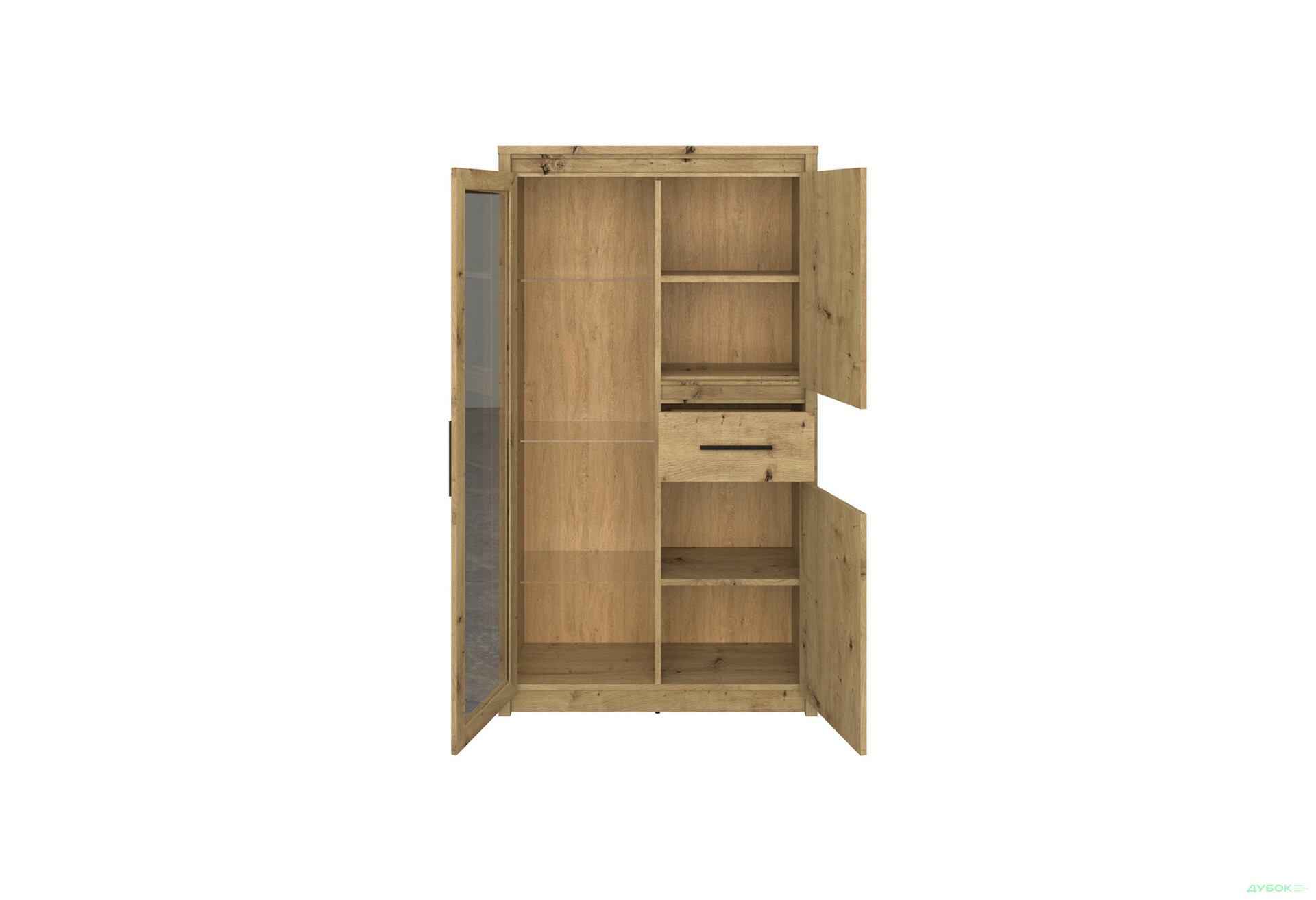 Шафа-вітрина низька VMV holding Айсон з шухлядою 86 см Дуб Артізан - Зображення 2 Зображення 2 - Шафа-вітрина низька VMV holding Айсон з шухлядою 86 см Дуб Артізан