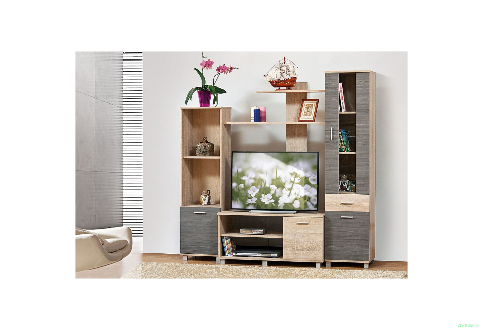 Комплект стінка з вітриною та стелажем Світ Меблів Віннер-1 178 см Дуб сонома/Дакар - Зображення 1 Зображення 1 - Комплект стінка з вітриною та стелажем Світ Меблів Віннер-1 178 см Дуб сонома/Дакар