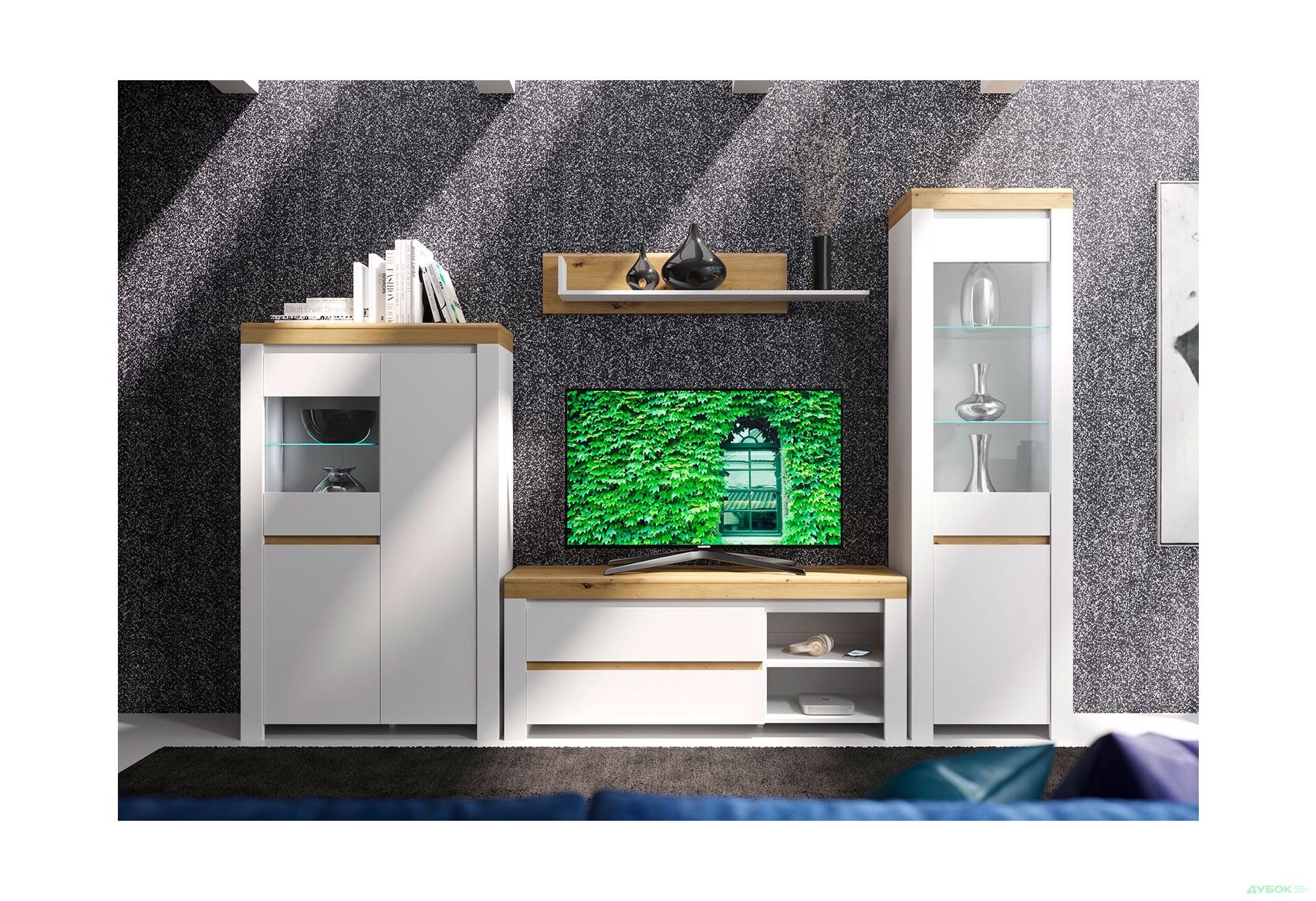 Комплект стінка з вітринами Гербор Ріко 306 см Білий/Дуб артизан - Зображення 1 Зображення 1 - Комплект стінка з вітринами Гербор Ріко 306 см Білий/Дуб артизан