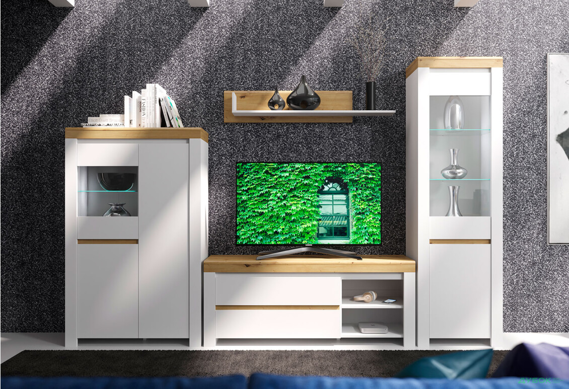 Комплект стінка з вітринами Гербор Ріко 306 см Білий/Дуб артизан - Зображення 1 Зображення 1 - Комплект стінка з вітринами Гербор Ріко 306 см Білий/Дуб артизан