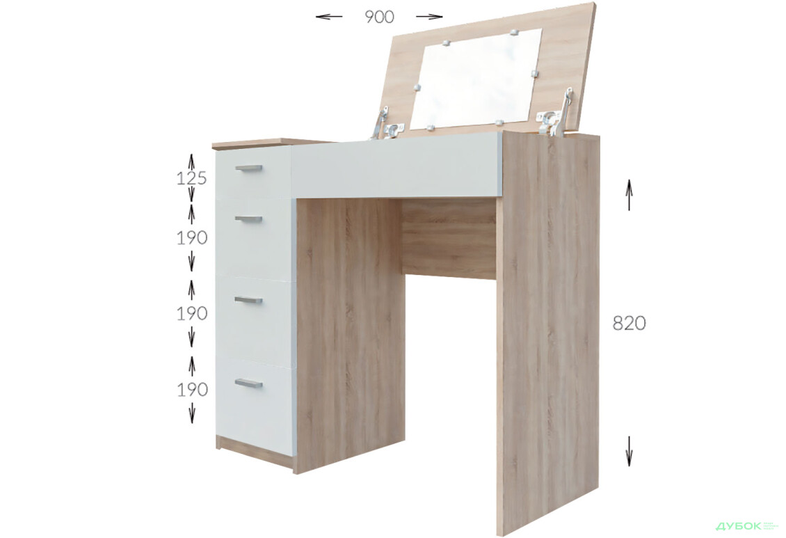 Изображение 4 - Стол туалетный Garant Шарм с 4 ящиками и зеркалом 90 см Дуб сонома / Нимфея альба