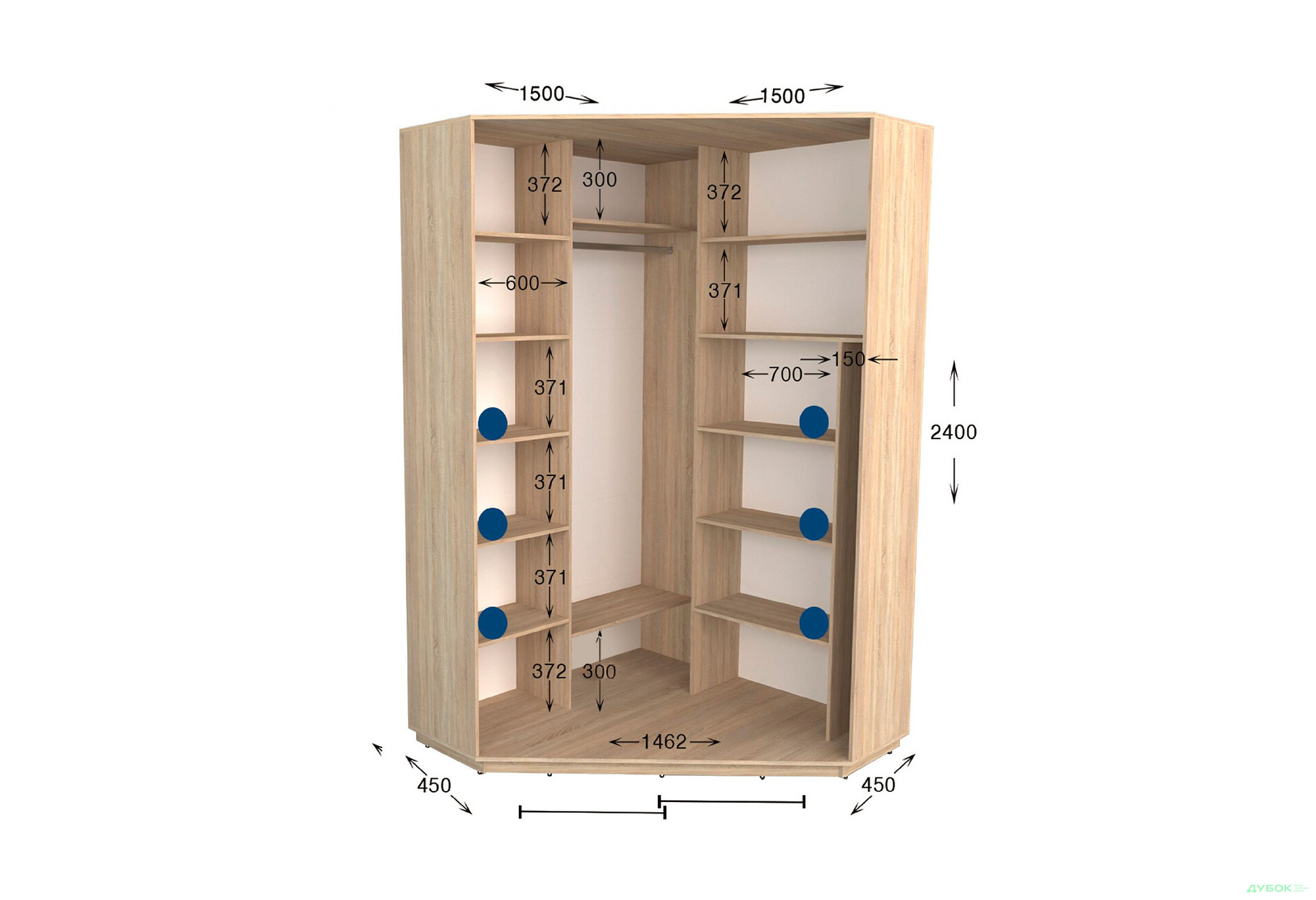 Шафа-купе кутова Garant Практик №5 2-дверна 150x150 см - Зображення 2 Зображення 2 - Шафа-купе кутова Garant Практик №5 2-дверна 150x150 см