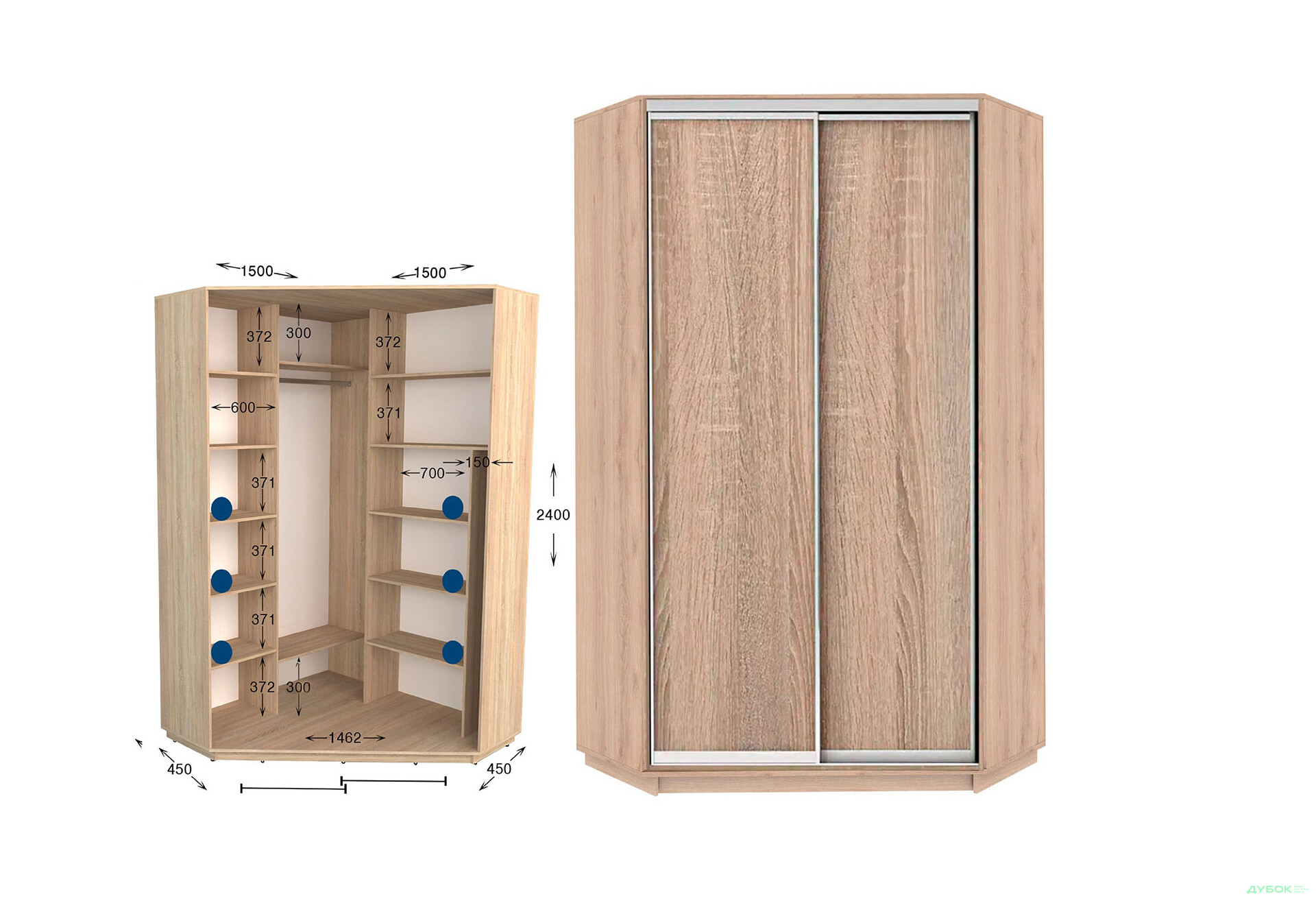 Шафа-купе кутова Garant Практик №5 2-дверна 150x150 см - Зображення 1 Зображення 1 - Шафа-купе кутова Garant Практик №5 2-дверна 150x150 см